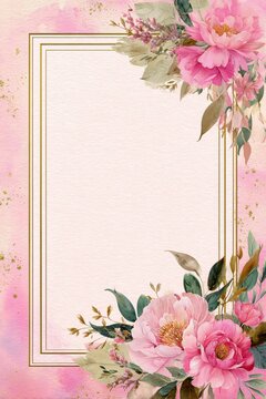 Soft pink floral invitation card with gold border and leafy greenery for a wedding greeting