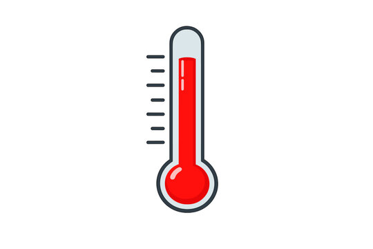 A flat design illustration of a thermometer with red liquid indicating a high temperature level. The icon features a white scale and is isolated on a solid black background.