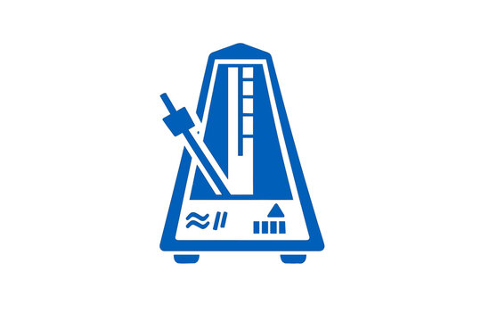 A blue graphic illustration of a mechanical metronome is centered on a solid black background. The icon features a triangular body with a pendulum arm and scale markings.