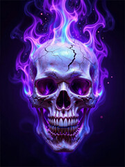 Burning Skull with Purple Blue Ethereal Flames in Dark Fantasy Void