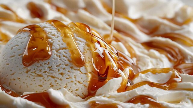 Vanilla ice cream scoop topped with flowing golden caramel sauce over creamy whipped texture close up