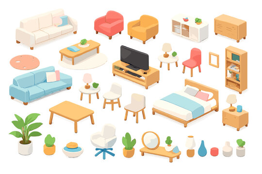 A collection of 3D isometric furniture and home decor items including sofas, chairs, a bed, and plants in pastel colors, isolated on a black background for interior design visualization.