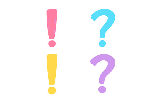 A collection of colorful hand-drawn exclamation and question marks on a black background. The set includes pink, blue, yellow, and purple punctuation symbols with white highlights.
