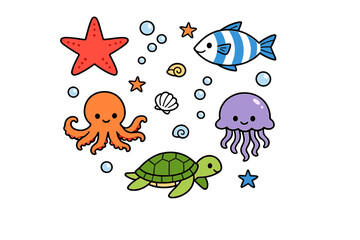 Obraz premium A collection of cute cartoon sea creatures including an octopus, turtle, jellyfish, fish, and starfish arranged on a black background with bubbles and shells in a flat vector style.