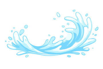 This stylized blue water splash illustration features dynamic droplets and fluid motion against a black background. The artwork uses light blue tones and white highlights for a liquid effect.