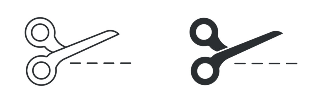 Cutting scissors icon set, dashed line trim symbol, edit tool vector illustration