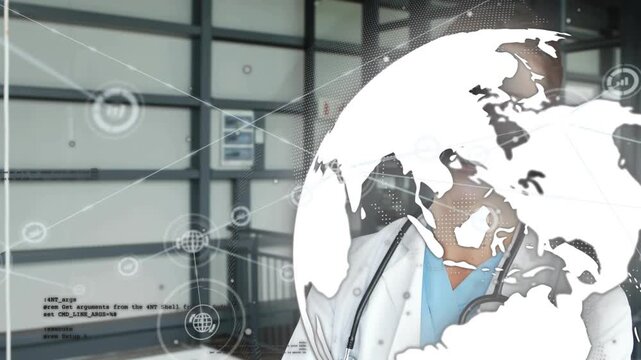 Dr turning profile to camera as digital globe crossing frame, overlaying coat for telecare, smiling