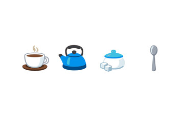 Obraz premium A row of four illustrated icons featuring a steaming white cup of coffee on a saucer, a blue kettle, a white sugar bowl with sugar cubes, and a silver spoon against a black background.