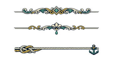 Fototapeta premium A collection of three decorative borders including ornate scroll patterns and a nautical rope with an anchor, presented in a vintage illustrative style on a black background.