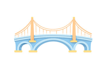 Obraz premium A stylized 3D illustration of a light blue arched bridge with orange suspension towers and yellow accents, isolated on a black background. It features a modern, cartoonish design.