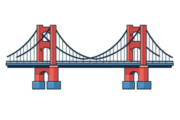 Fototapeta premium A flat vector illustration of a red suspension bridge with dark blue cables and a road deck, set against a dark background. The design features two main towers and symmetrical cables.