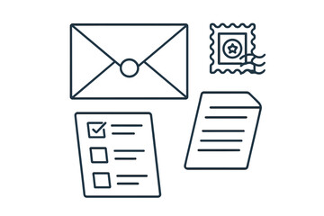 A collection of minimalist line art icons featuring an envelope with a seal, a postage stamp with a star, a checklist with a checkmark, and a document with text lines on a dark background.
