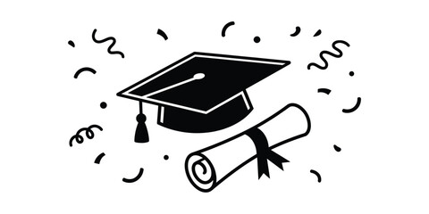 Black graduation cap with tassel and rolled diploma scroll with ribbon, surrounded by confetti and streamers.