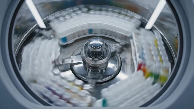 This industrial close-up of a metallic washing machine drum showcases an abstract steel circle design within the laundry equipment technology