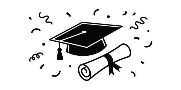 Black graduation cap with tassel and rolled diploma scroll with ribbon, surrounded by confetti and streamers.