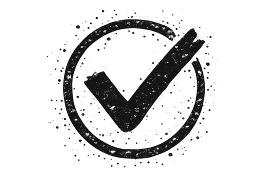 A white distressed checkmark symbol inside a circle on a solid black background. The graphic features a textured, grunge effect with splatters and worn edges throughout the design.