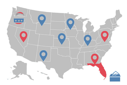 A gray map of the United States features red and blue location pins across various states. Florida is highlighted in red, and patriotic icons are placed in the corners of the image.