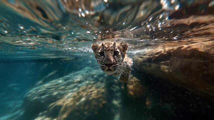 Leopard Swimming Underwater In Clear Blue Water
