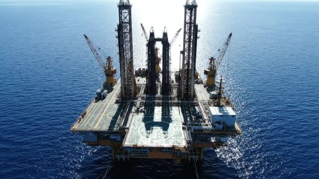Realistic aerial top view of offshore oil rig floating above deep ocean water static drone perspective without camera movement expansive multi leg platform with three towering derricks industrial deck