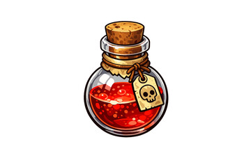 A small round glass bottle filled with a bubbling red liquid, sealed with a cork and featuring a skull tag, isolated on a black background in a digital illustration style.