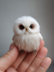 Cute White Owl Sitting On Human Hand Closeup
