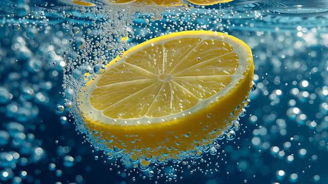 Fresh lemon slice underwater with sparkling bubbles in clear blue water, vibrant citrus splash concept