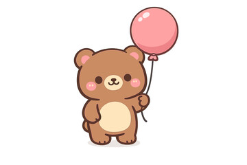 Obraz premium A cute brown cartoon bear stands holding a single pink balloon against a black background. The bear has pink cheeks and a cream belly in a simple kawaii illustration style.