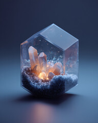 Crystal Terrarium With Glowing Minerals On Blue Background
