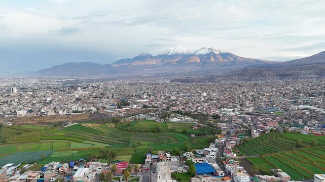 Aerial view of the Chachani volcano from Paucarpata, Arequipa, Peru
