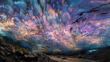 Fototapeta premium Vibrant ice cave interior with colorful light reflections and abstract textures