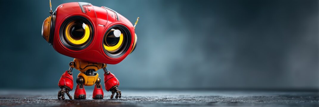 A cute red robot with giant yellow eyes stands on a misty surface playful and endearing. Its expressive design merges charm, AI innocence, and whimsical tech art.