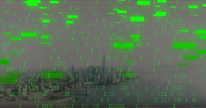 Faint green binary appearing above skyline spreading down, obscuring harbor showing data takeover