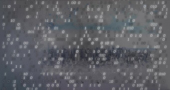 Few binary glyphs appearing falling toward viewer forming dense grid obscuring skyline showing data