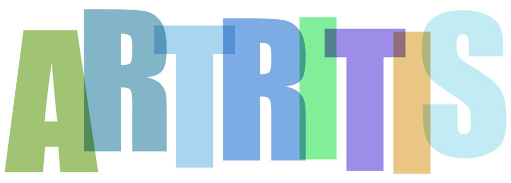 Palabra "Artritis" transparente y colorida en un dise&ntilde;o tipogr&aacute;fico moderno.