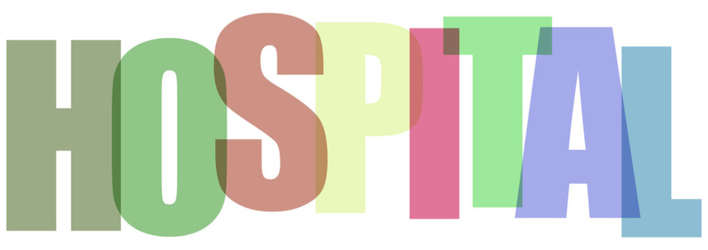 Letras coloridas y transparentes se superponen formando la palabra hospital.