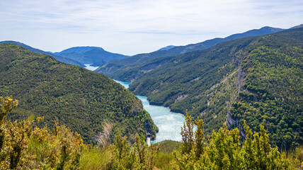 Panoramic view of Lake Lac de Castillon, Le Verdon, Alpes-de-Haute-Provence, France, Europe.