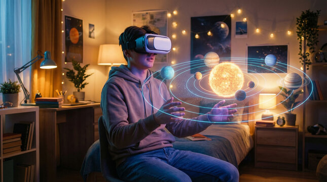 Teen student uses VR headset for immersive astronomy education, interacting with a holographic solar system in his bedroom. Future of EdTech and STEM learning concept.