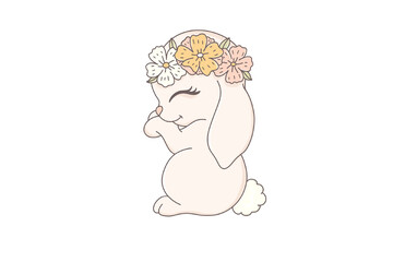 Easter clipart cute cartoon bunny wearing a colorful flower crown on its head sweetly isolated on transparent background