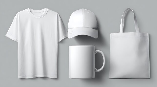 Set of blank white promotional merchandise including t-shirt, baseball cap, mug, and tote bag for branding mockup on grey background