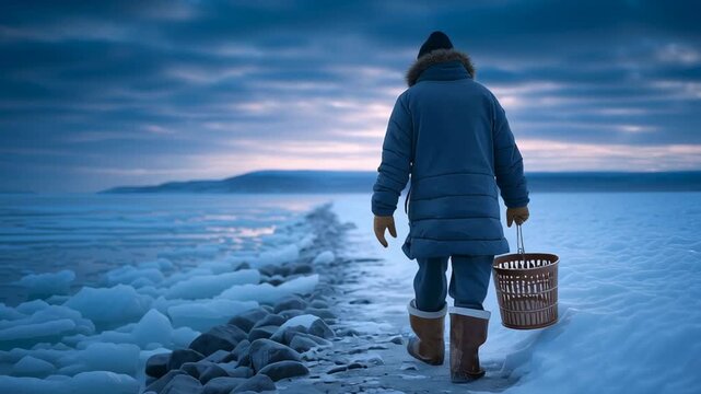 Person in warm winter clothing walking along an icy Arctic shoreline carrying a basket at dusk