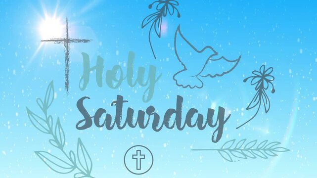 Holy Saturday text and dove animating on sky, flare flickering then sparkles falling for reverence