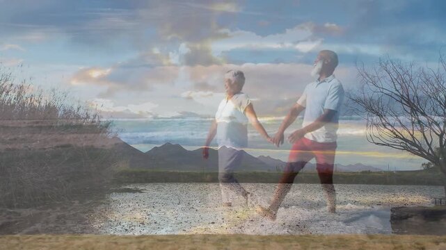 Couple linking hands walking shoreline overlay initiating ghosting pacing to lifting leg for travel