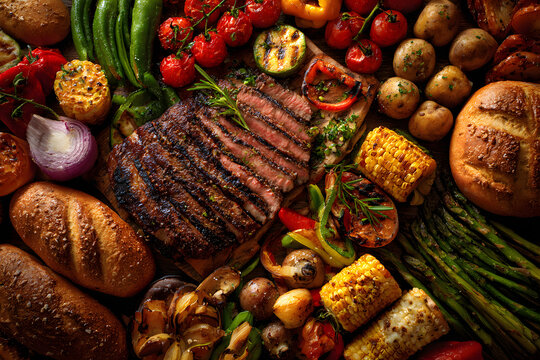 Grilled meat and vegetables arranged on a table for a meal gathering during summer in a backyard setting