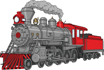 Hand drawn vector illustration of a vintage steam locomotive train with red accents blowing smoke isolated on a white background. © jannat