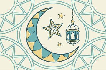 Fototapeta premium Ramadan Kareem Islamic Greeting Card with Crescent Moon and Lantern