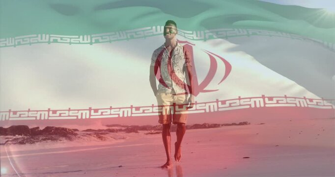 Man starting walking toward camera showing face flag overlay waving across man reflection travel