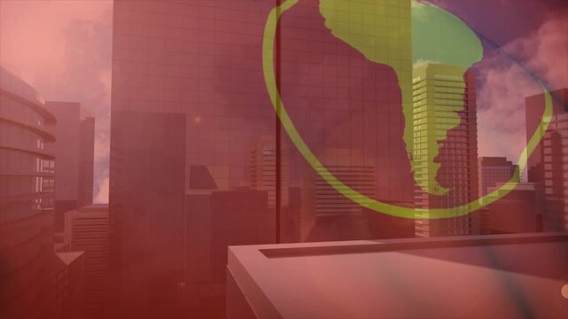 Camera starting slow pan right, skyline shifting, yellow map rotating, showing market link