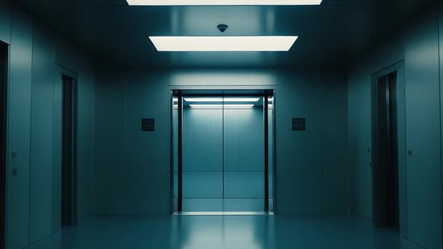 Futuristic building hallway with multiple closed stainless steel elevator doors, illuminated by bright rectangular overhead lights, creating a sterile and minimalist environment