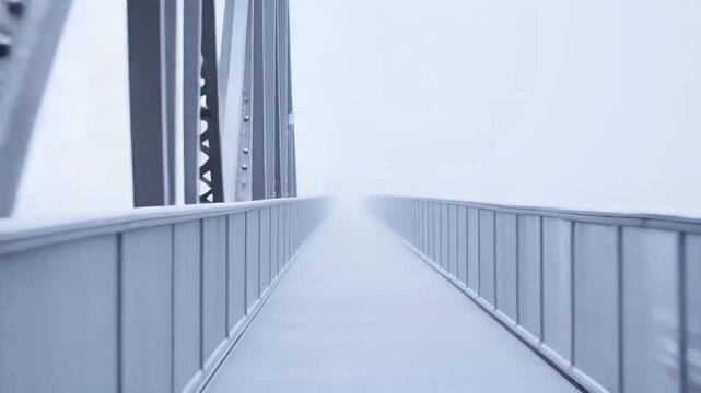 Metal pedestrian bridge extending into a dense white fog, creating a mysterious and ambiguous path suggesting uncertainty, new beginnings, or an uncharted journey ahead