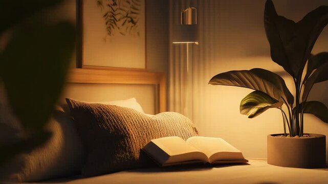 Cozy bedroom interior providing a peaceful and comfortable atmosphere for reading, with an open book resting on soft bedding illuminated by a warm lamp light, next to a refreshing green plant